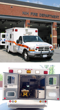 An ambulance emerges from one of three bays at the NIH Firehouse (above). From the rear of the ambulance, EMT’s access supplies to treat patients with medical emergencies while en route to a full medical care facility (below).
