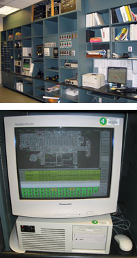 At the NIH firehouse, an entire wall in the dispatch room holds a variety of monitors and advanced technologies that aid EMTs in response to emergencies (above). A computerized fire alarm monitor helps locate fires in the main clinical center on campus (below).