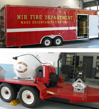 A decontamination unit (above) and a bomb trailer (below) help the specially trained staff respond to emergencies involving hazardous materials.