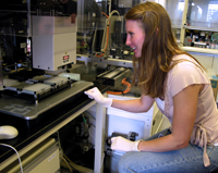 Faith recently taught one of her students how to operate a robot (the Beckman Multimek 96) that dispenses solutions to 96 samples at once for fast and efficient genotyping.