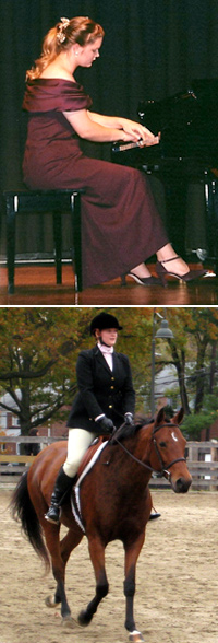 Jill plays a grand piano for a college concert (top). Jill wears English style riding gear at a horse show (bottom). 