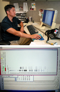 At his desk (top), Joel compares DNA test samples to a reference sample, which looks like a bar code (bottom).