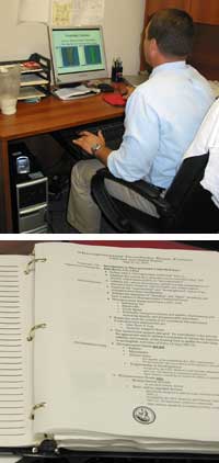 Joseph Miller uses PowerPoint slides (top) and an outline (below) when making presentations about the activities in the prosthesis lab at the Walter Reed Army Medical Center.