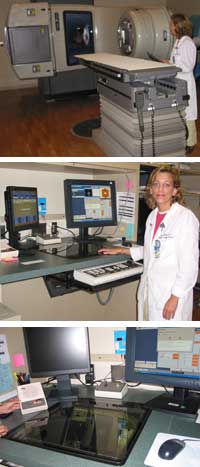 Karen Ullman demonstrates the set-up of the Linear Accelerator before a patient's treatment (top). Outside the treatment room, she uses a computer and monitor to operate the Linear Accelerator (center). A transparent desktop allows the radiation therapist to view the patient while undergoing treatment (bottom).