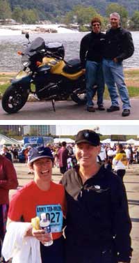 Lt. Col Harvey and her husband enjoy motorcycle riding and are pictured near Charleston, West Virginia (top) and at the annual Army 10-Miler race (bottom).