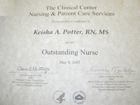 Keisha Potter's 2003 11-East Outstanding Nurse of the Year award.
