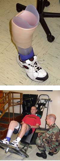 Matthew Scherer uses weight-bearing equipment to help a patient strengthen his leg muscles.