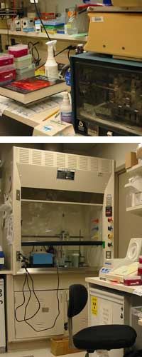 Photo of a hybridization oven used to detect specific genes (top) and photo of a fume hood used for working with hazardous chemicals (bottom).