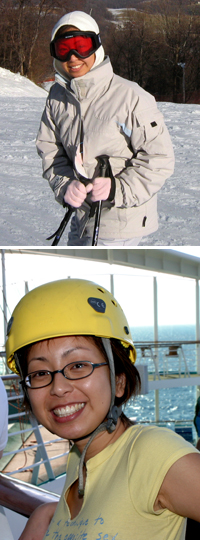 Peggy enjoys a winter ski trip (top) and did a little wall climbing on a cruise ship during a recent vacation (bottom).
