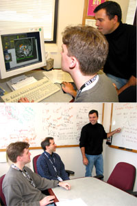 Peter Bandettini reviews research results with a post-doc (upper photo), and presents his latest findings to colleagues (lower photo).