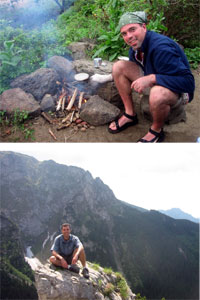 Peter Bandettini cooks over an open fire while camping at a remote beach in Kauai (upper photo) and takes a break on a mountain peak while hiking in southern Poland (lower photo).