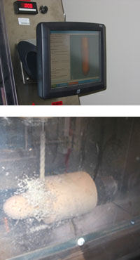 Ralph Urgolities uses a computer (top) to carve a plaster model for a prosthetic leg (bottom).