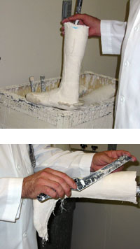 Ralph Urgolities displays a plaster model of a patient's leg (above). He uses a special instrument to smooth the surface before vacuum forming it into an ankle foot orthotic (bottom).