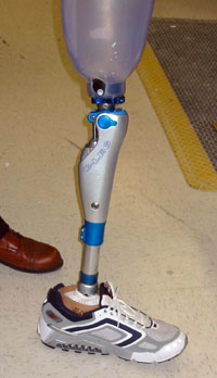 A leg prosthesis is fitted onto a prosthetic foot which enables an amputee to walk or run without falling.