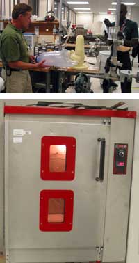 Ron Dickey and his colleagues work in an area of the hospital that has work benches and specialized equipment giving them close proximity to respond to patient needs (top). A high temperature oven is used to melt the plastic (Thermoline) over the form.