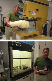 Ron Dickey is always conscientious of safety in his work area, and wears safety glasses when using the table saw (top). He uses the fume hood when working with chemicals that can be hazardous if inhaled (botttom).