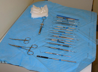 Sterile instruments are arranged on a sterile pad for each patient in preparation for a dental exam.