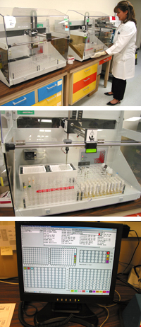 Vivian sets up an automated ELISA (Enzyme-Linked ImmunoSorbent Assay) machine that tests for various proteins in patient serum, such as the antinuclear antibody associated with autoimmune diseases.