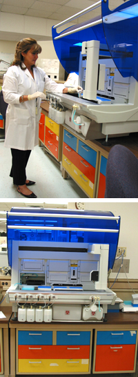 Using another ELISA (Enzyme-Linked ImmunoSorbent Assay) machine, Vivian tests patients samples for the cytomegalovirus. 